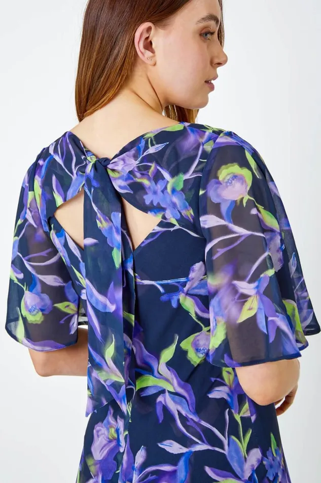 Women Navy Floral Print Chiffon Maxi Dress Roman Dresses