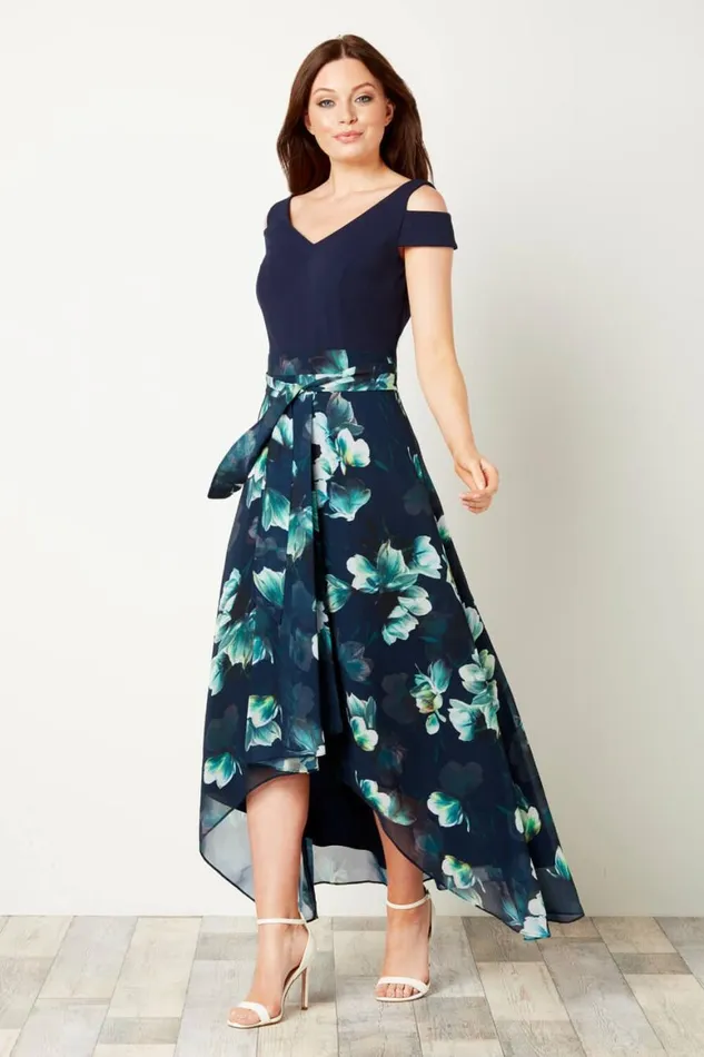 Women Navy Floral Print Cold Shoulder Maxi Dress Roman Dresses
