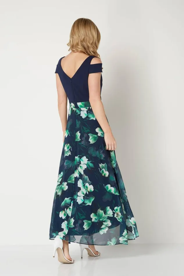 Women Navy Floral Print Cold Shoulder Maxi Dress Roman Dresses