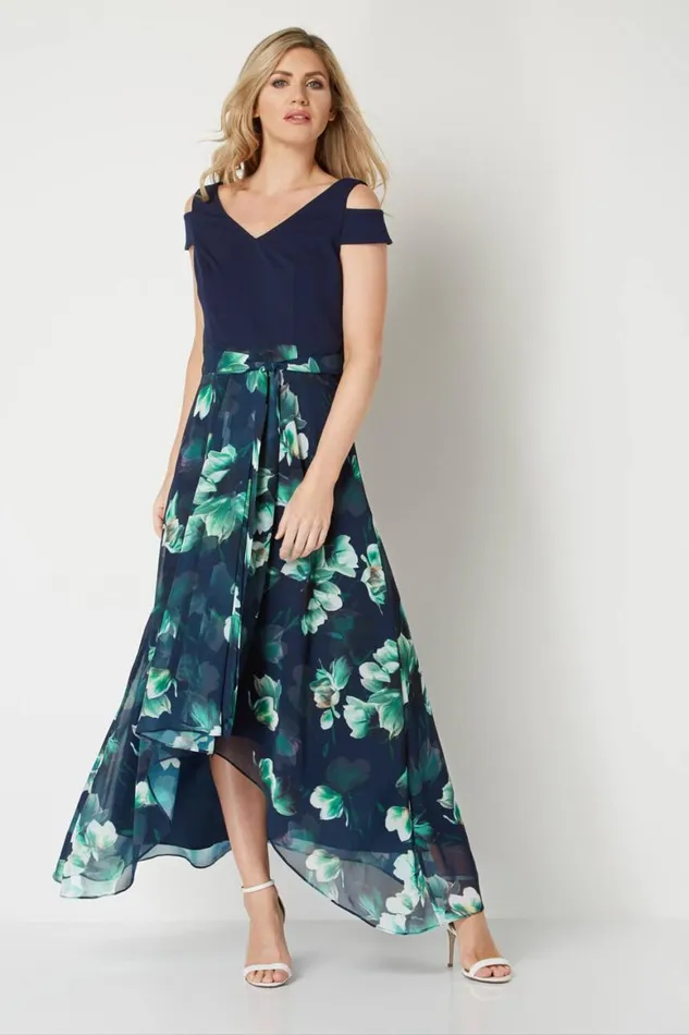 Women Navy Floral Print Cold Shoulder Maxi Dress Roman Dresses