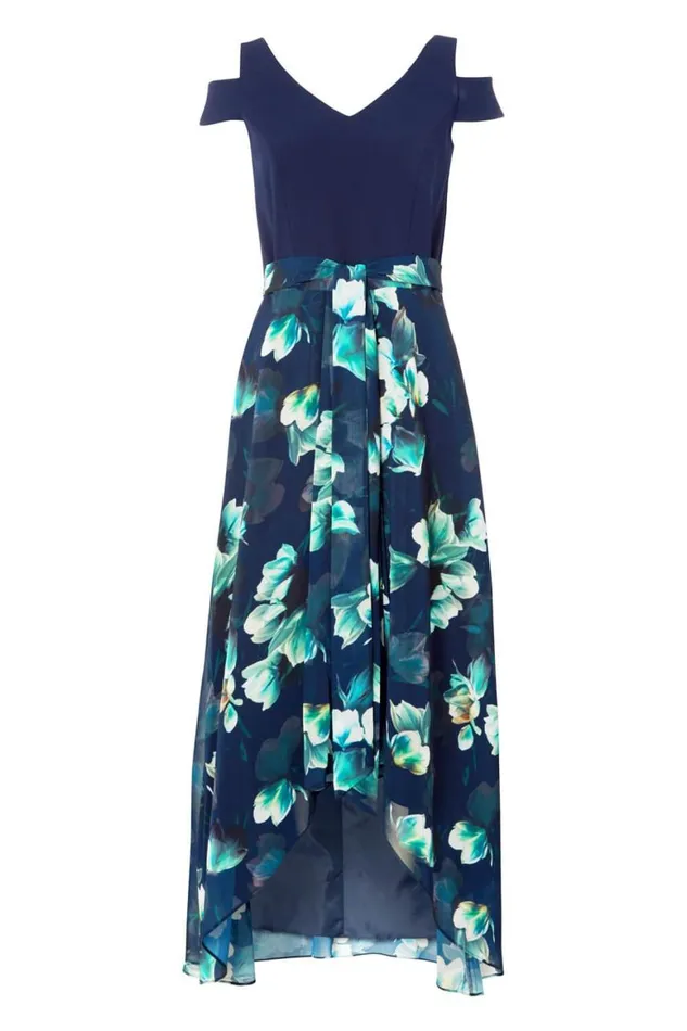 Women Navy Floral Print Cold Shoulder Maxi Dress Roman Dresses