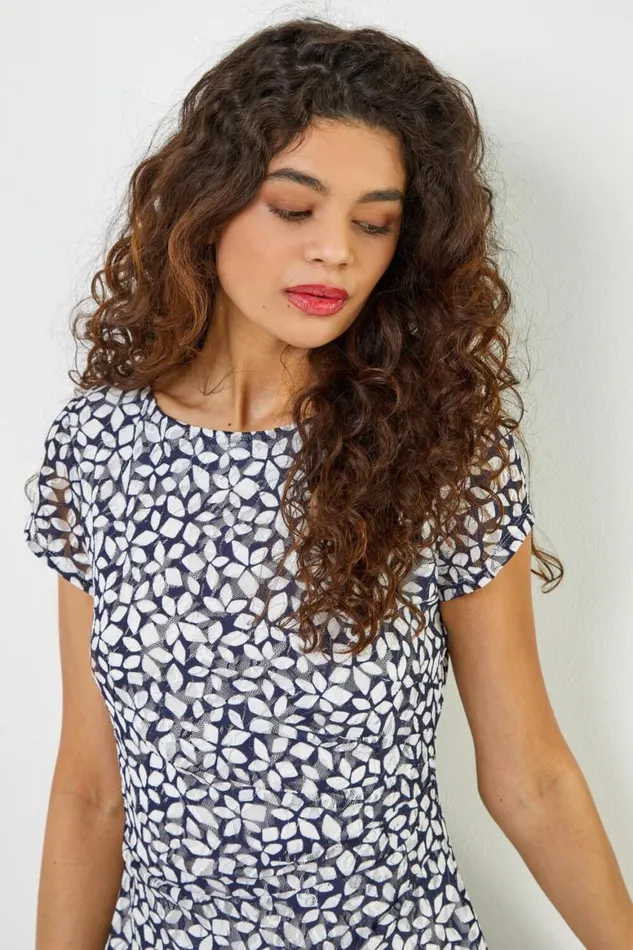 Women Navy Floral Print Stretch Lace Dress Roman Dresses