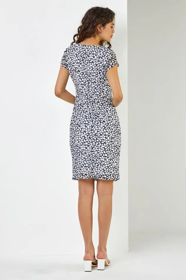 Women Navy Floral Print Stretch Lace Dress Roman Dresses