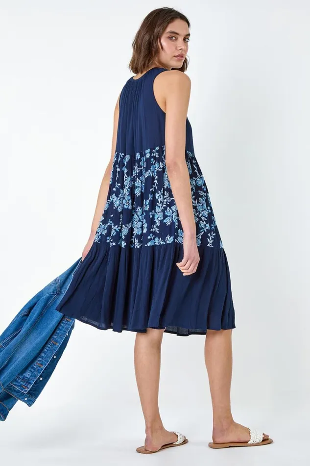 Women Navy Floral Print Tiered Smock Dress Roman Dresses
