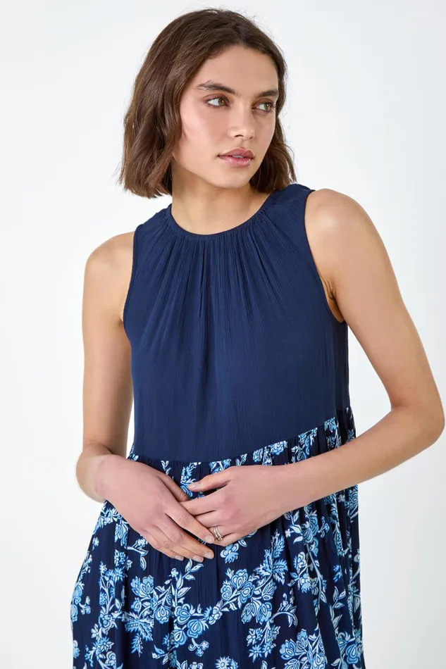 Women Navy Floral Print Tiered Smock Dress Roman Dresses