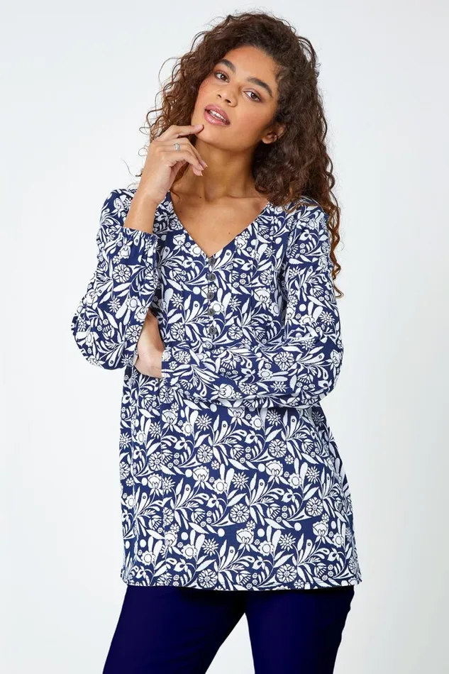 Women Navy Floral Print VNeck Tunic Smock Stretch Top Roman Tops