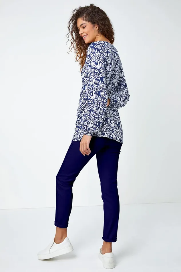 Women Navy Floral Print VNeck Tunic Smock Stretch Top Roman Tops