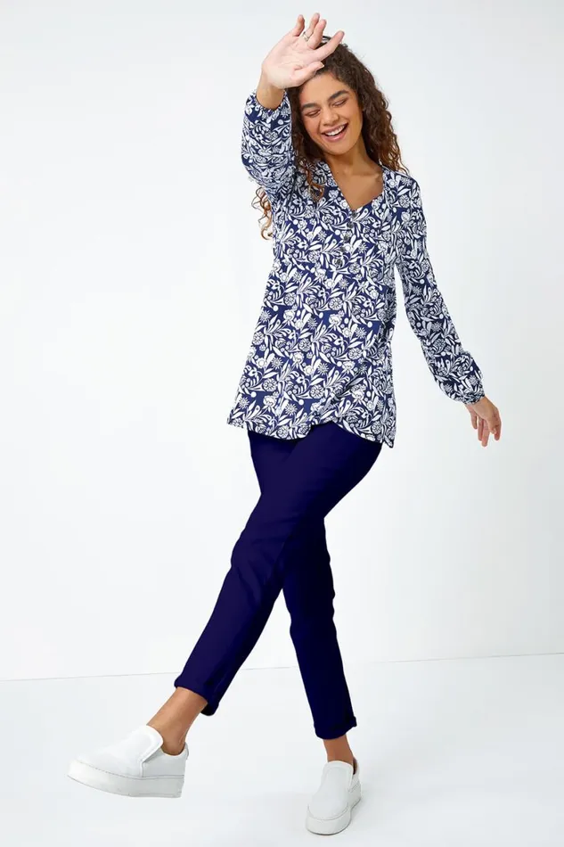 Women Navy Floral Print VNeck Tunic Smock Stretch Top Roman Tops