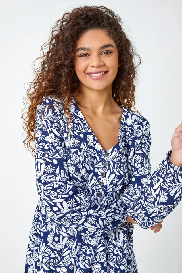 Women Navy Floral Print VNeck Tunic Smock Stretch Top Roman Tops