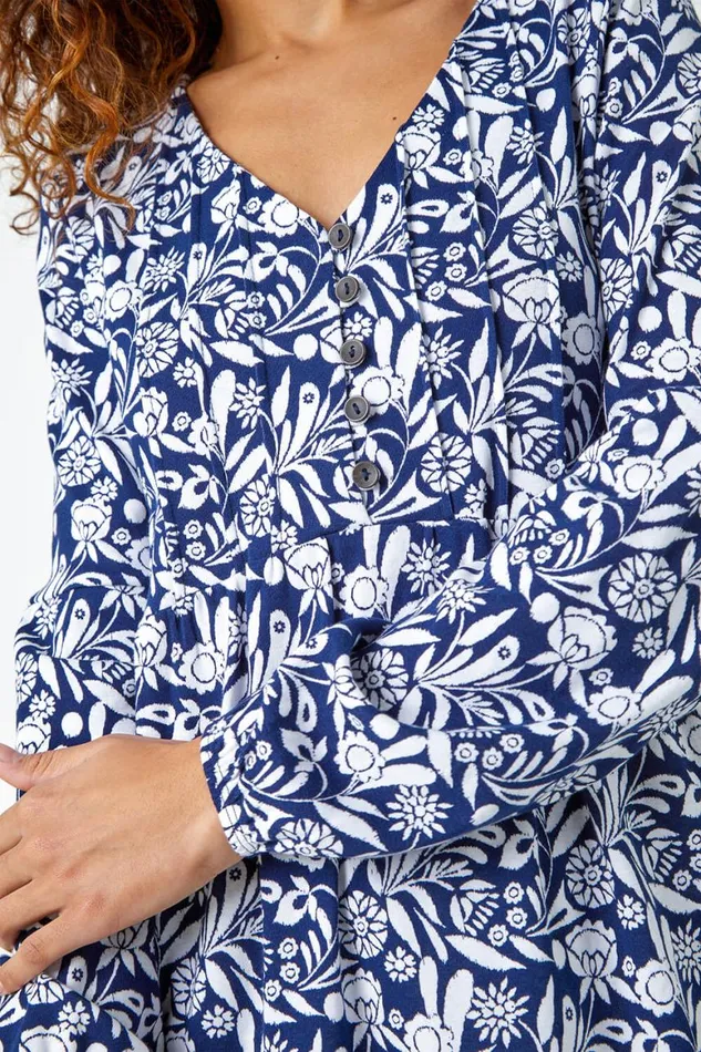 Women Navy Floral Print VNeck Tunic Smock Stretch Top Roman Tops