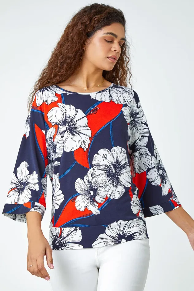 Women Navy Floral Stretch Blouson Hem Top Roman Tops