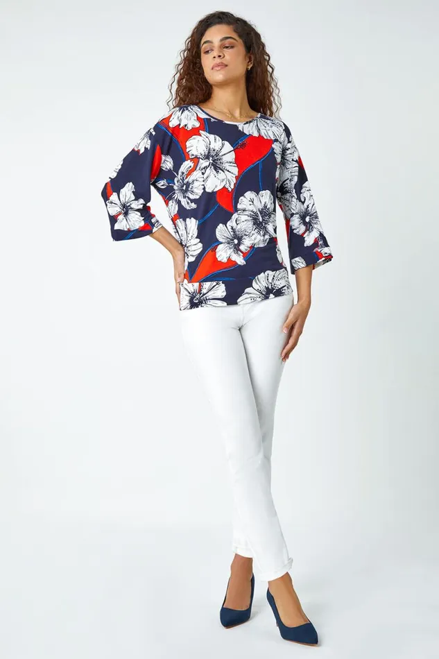 Women Navy Floral Stretch Blouson Hem Top Roman Tops