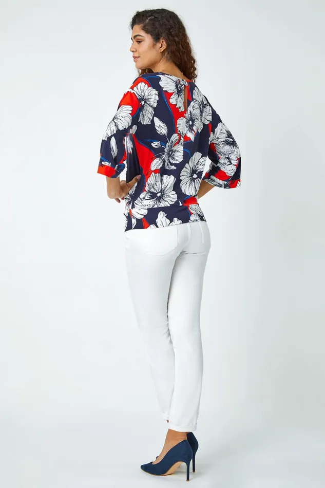 Women Navy Floral Stretch Blouson Hem Top Roman Tops