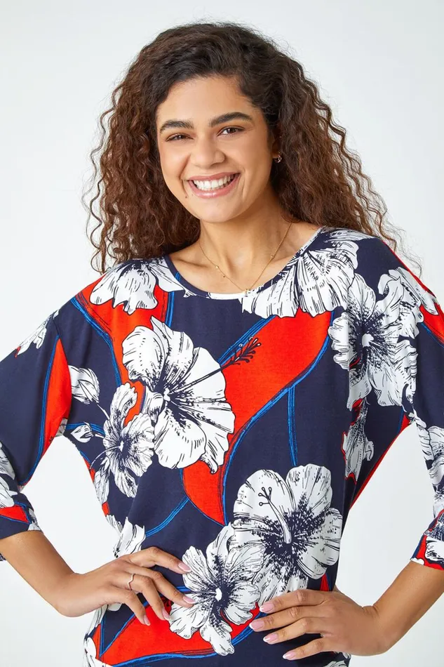 Women Navy Floral Stretch Blouson Hem Top Roman Tops