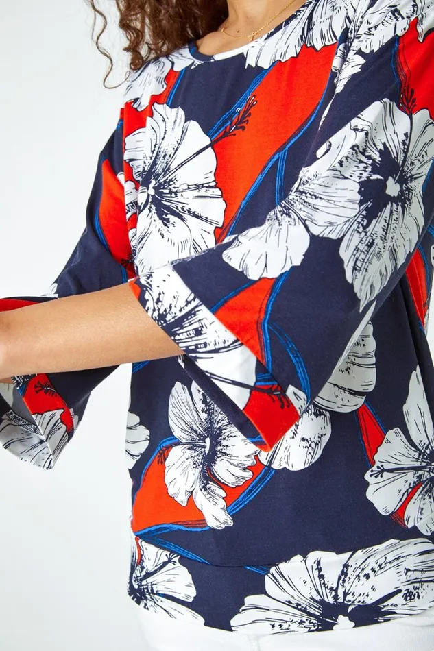 Women Navy Floral Stretch Blouson Hem Top Roman Tops