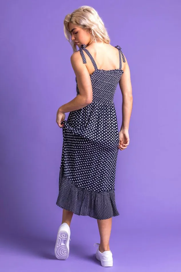 Women Navy Frilled Hem Spot Print Maxi Dress Roman Dresses