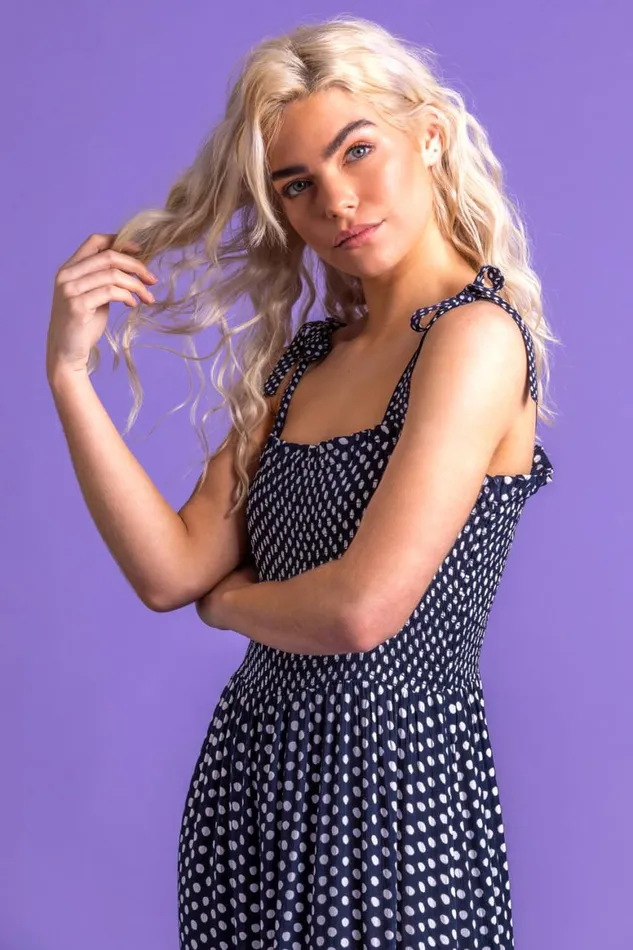 Women Navy Frilled Hem Spot Print Maxi Dress Roman Dresses