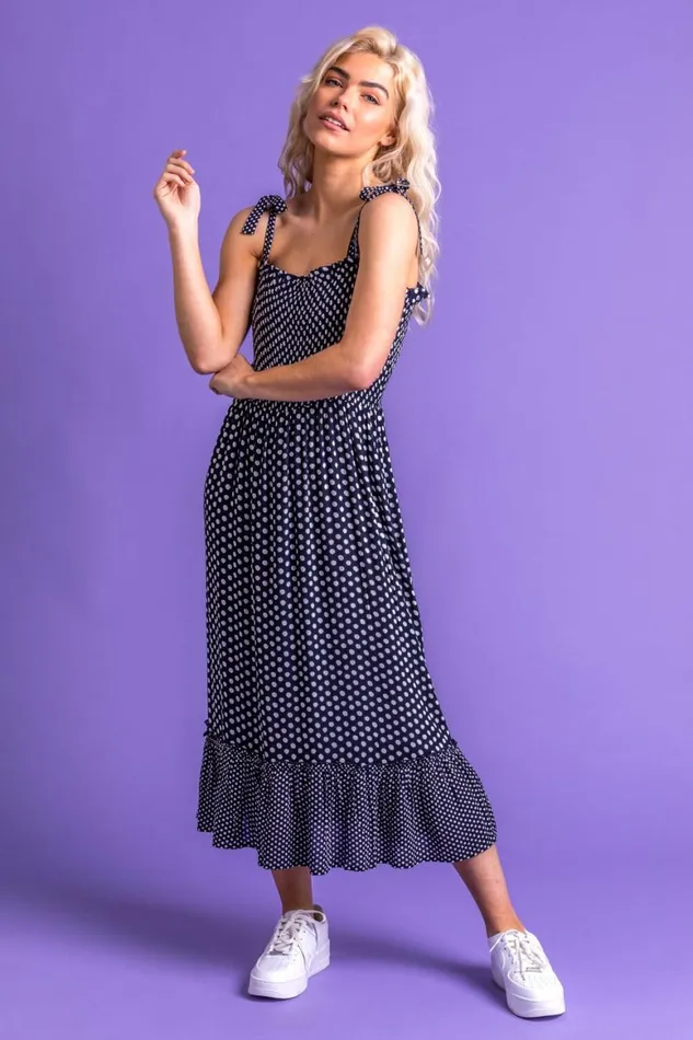 Women Navy Frilled Hem Spot Print Maxi Dress Roman Dresses