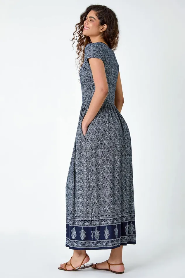 Women Navy Paisley Relaxed Stretch Maxi Dress Roman Dresses