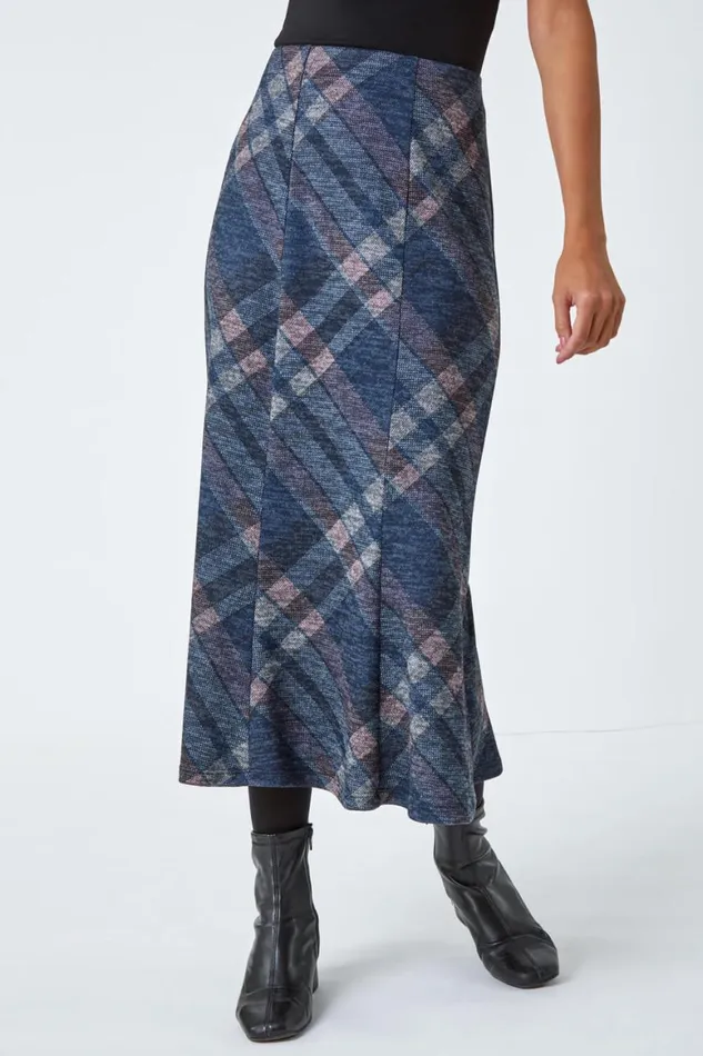 Women Navy Panelled Check Print Elastic Waist Midi Skirt Roman Skirts
