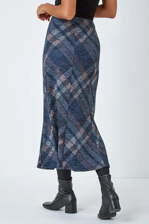 Women Navy Panelled Check Print Elastic Waist Midi Skirt Roman Skirts
