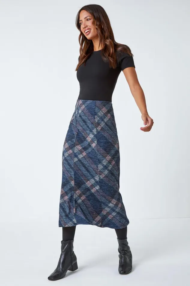 Women Navy Panelled Check Print Elastic Waist Midi Skirt Roman Skirts