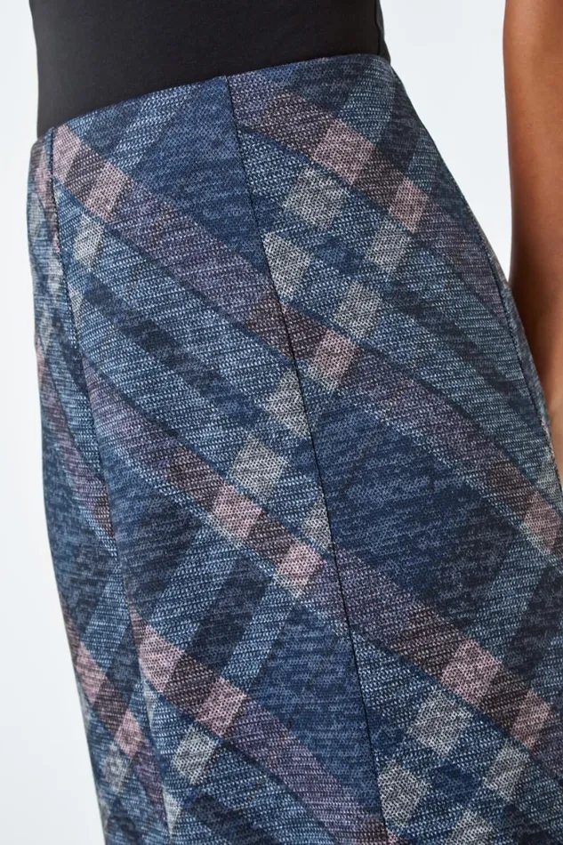 Women Navy Panelled Check Print Elastic Waist Midi Skirt Roman Skirts