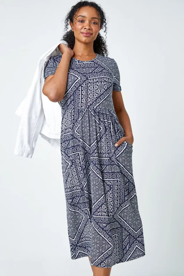 Women Navy Petite Aztec Print Midi Dress Roman Dresses