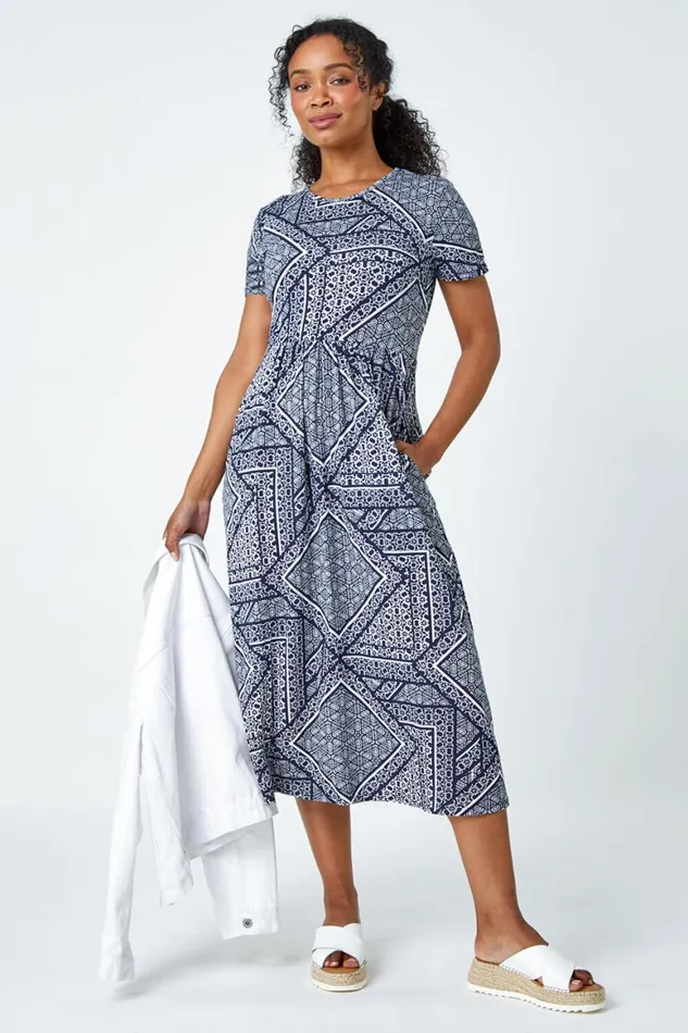 Women Navy Petite Aztec Print Midi Dress Roman Dresses