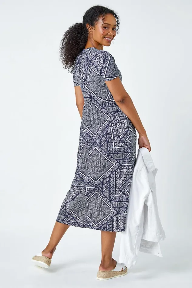 Women Navy Petite Aztec Print Midi Dress Roman Dresses