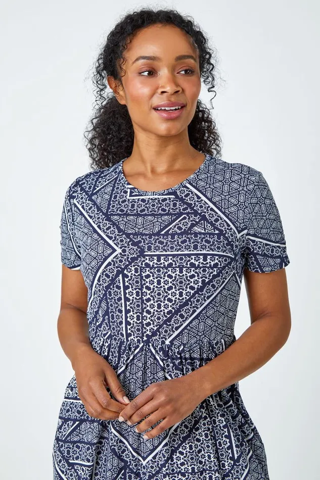 Women Navy Petite Aztec Print Midi Dress Roman Dresses
