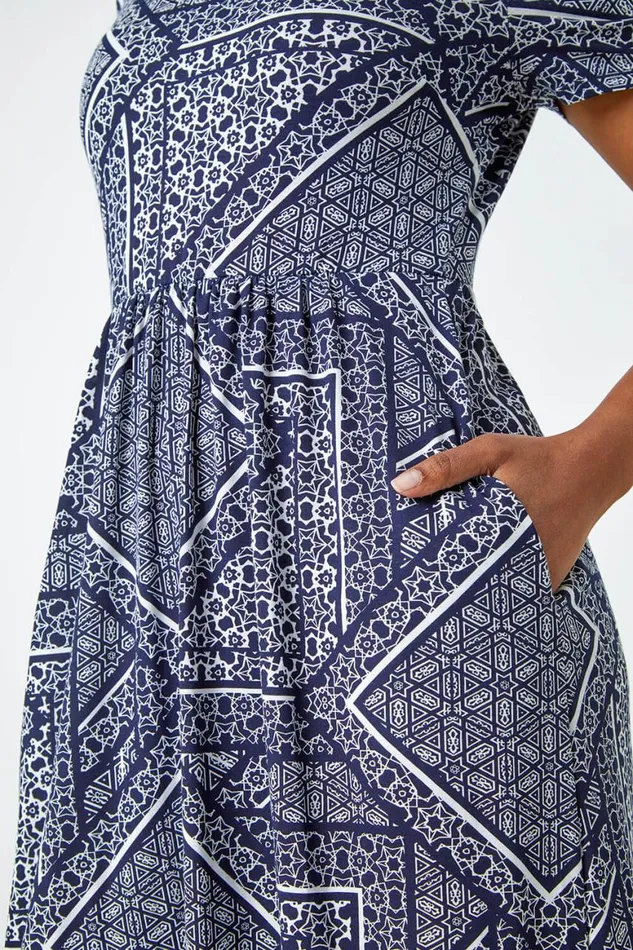 Women Navy Petite Aztec Print Midi Dress Roman Dresses