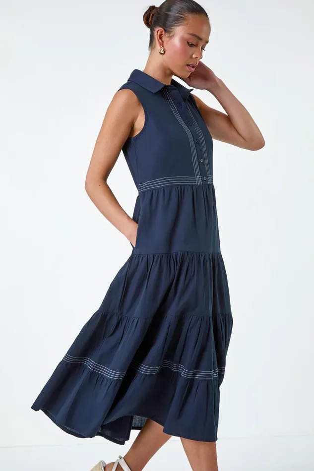 Women Navy Petite Cotton Pocket Tiered Midi Dress Roman Dresses