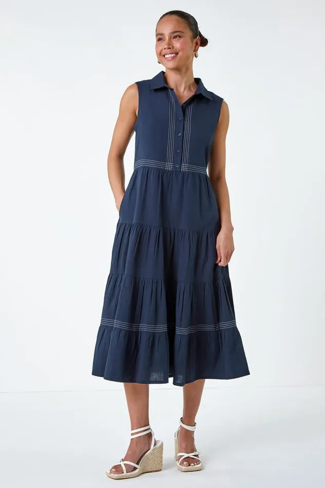 Women Navy Petite Cotton Pocket Tiered Midi Dress Roman Dresses