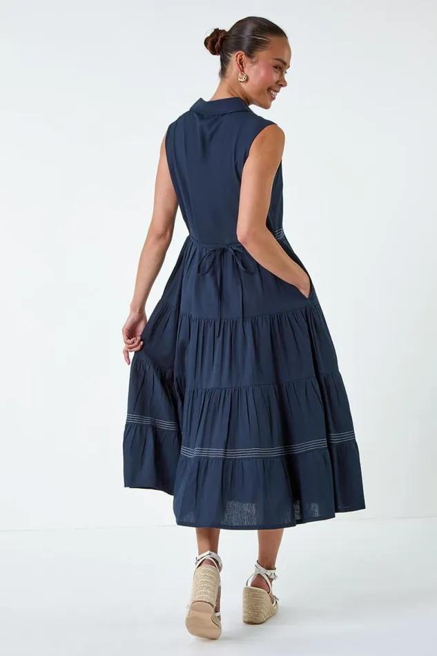 Women Navy Petite Cotton Pocket Tiered Midi Dress Roman Dresses