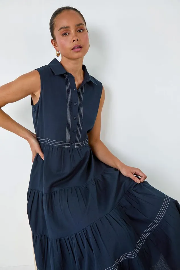 Women Navy Petite Cotton Pocket Tiered Midi Dress Roman Dresses
