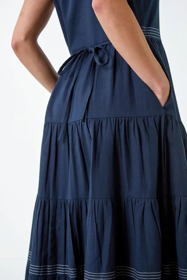 Women Navy Petite Cotton Pocket Tiered Midi Dress Roman Dresses