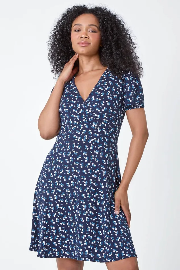 Women Navy Petite Ditsy Wrap Stretch Dress Roman Dresses