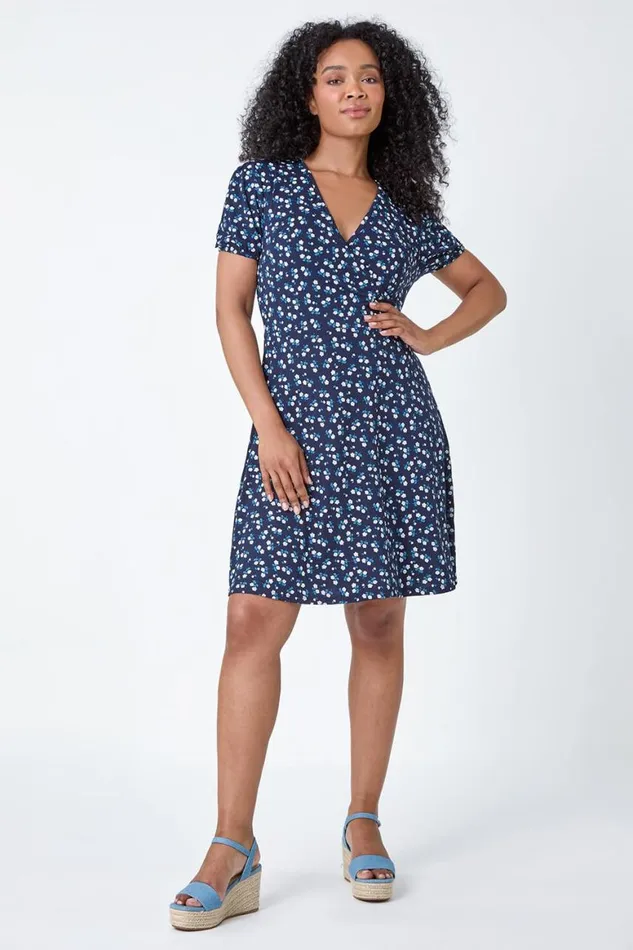 Women Navy Petite Ditsy Wrap Stretch Dress Roman Dresses