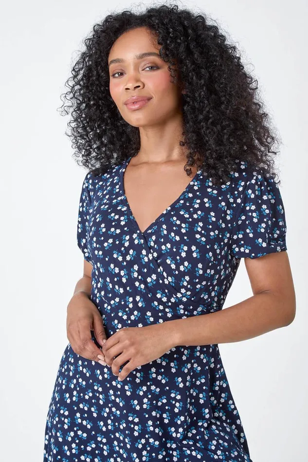 Women Navy Petite Ditsy Wrap Stretch Dress Roman Dresses