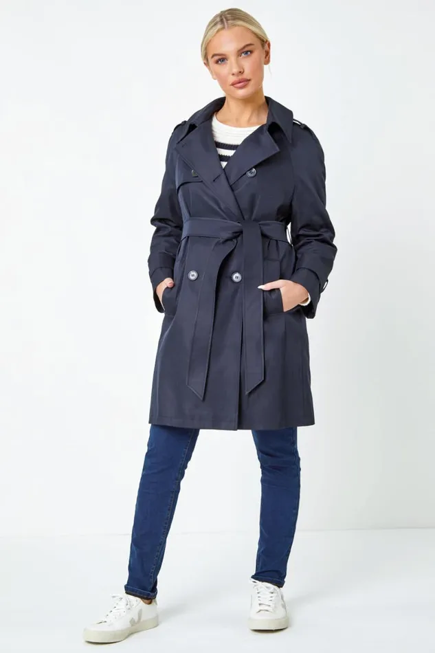 Women Navy Petite Double Breasted Trench Coat Roman Jackets