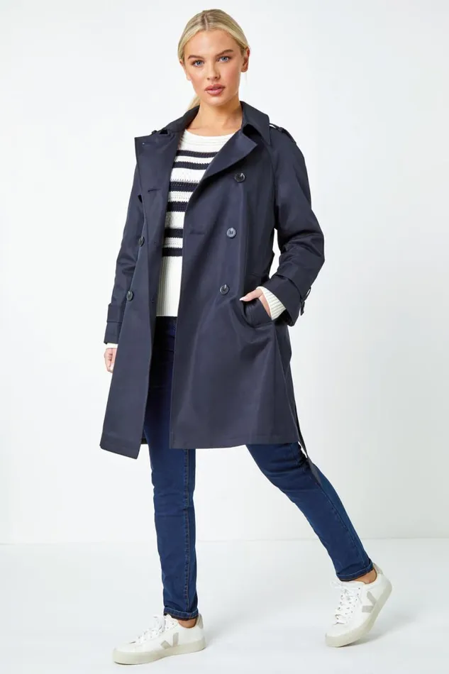 Women Navy Petite Double Breasted Trench Coat Roman Jackets
