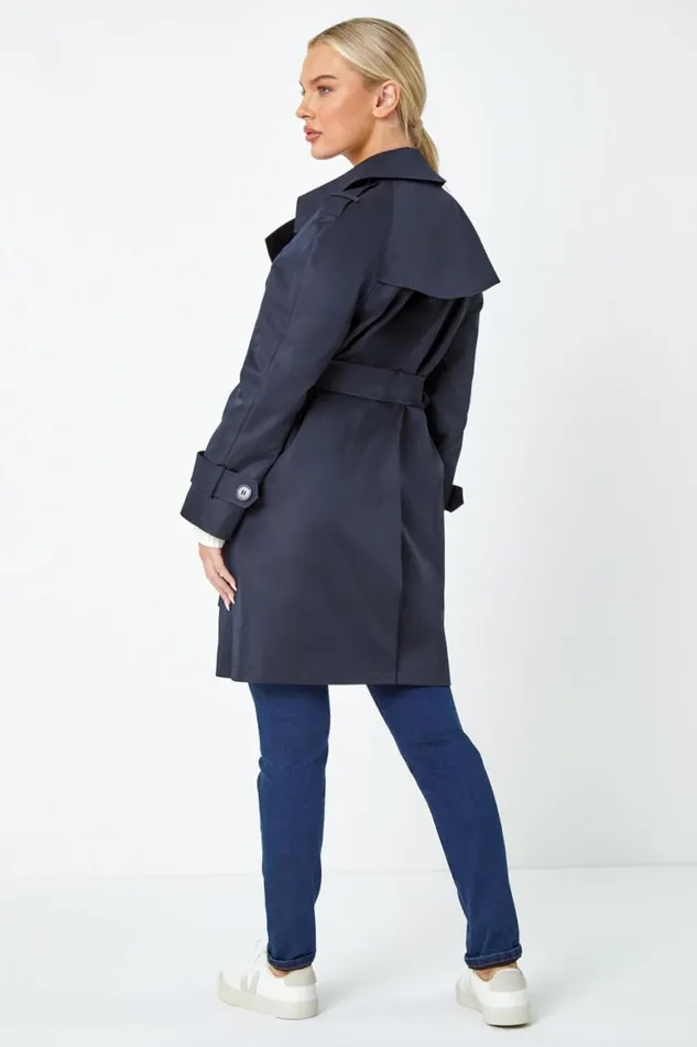 Women Navy Petite Double Breasted Trench Coat Roman Jackets