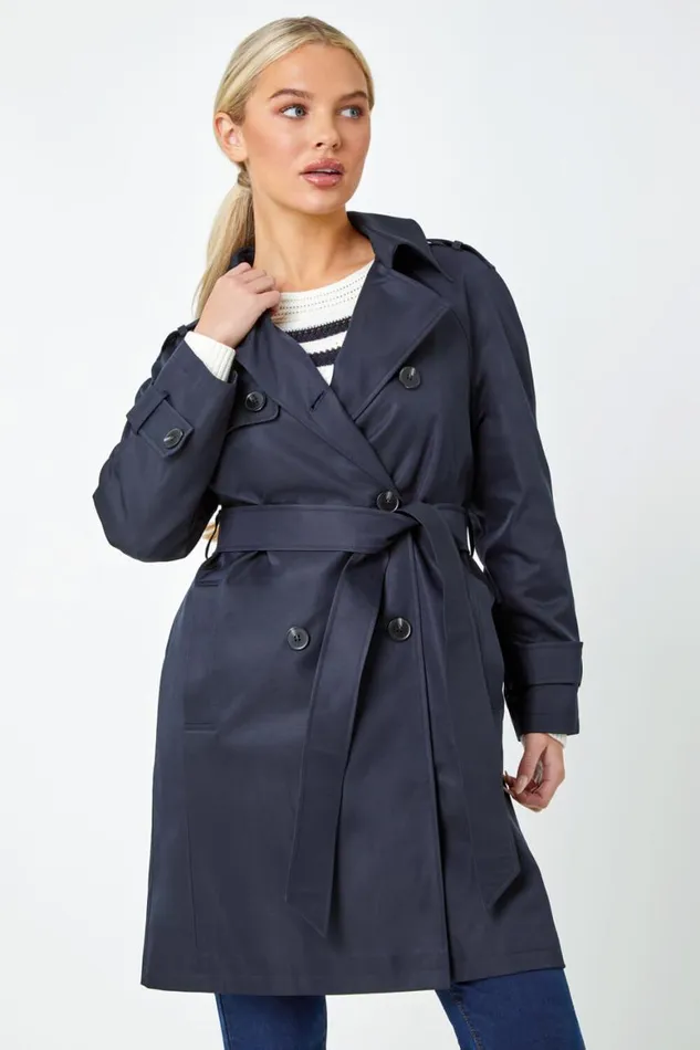 Women Navy Petite Double Breasted Trench Coat Roman Jackets