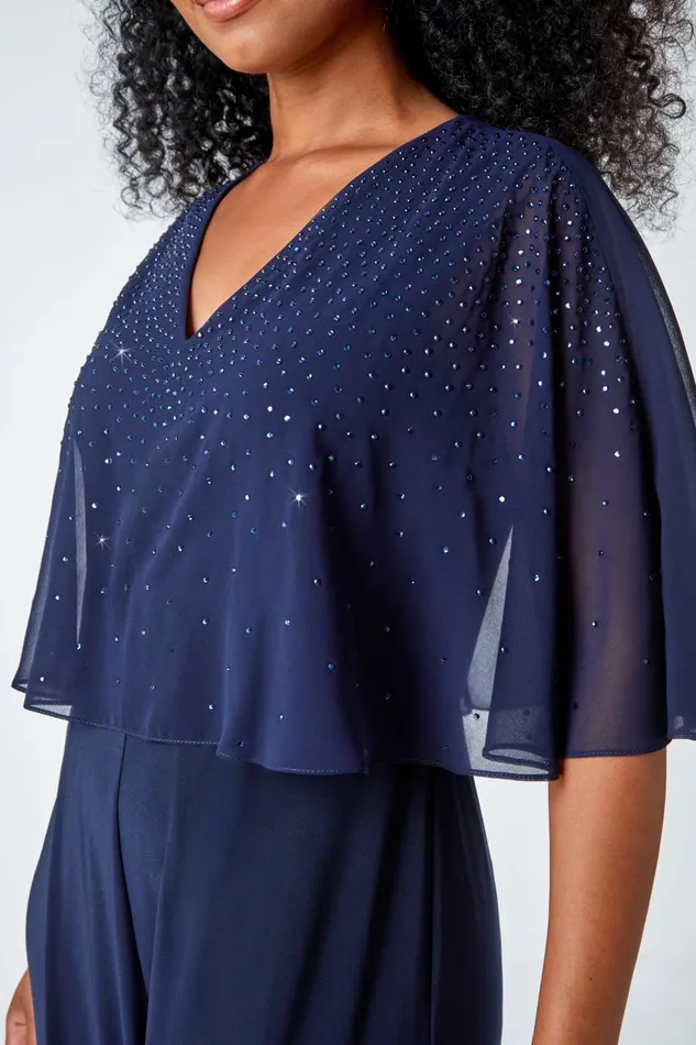 Women Navy Petite Embellished Overlay Stretch Jumpsuit Roman Jumpsuits and Playsuits