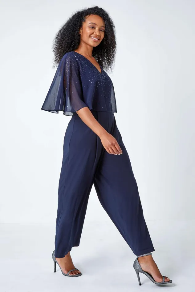 Women Navy Petite Embellished Overlay Stretch Jumpsuit Roman Jumpsuits and Playsuits