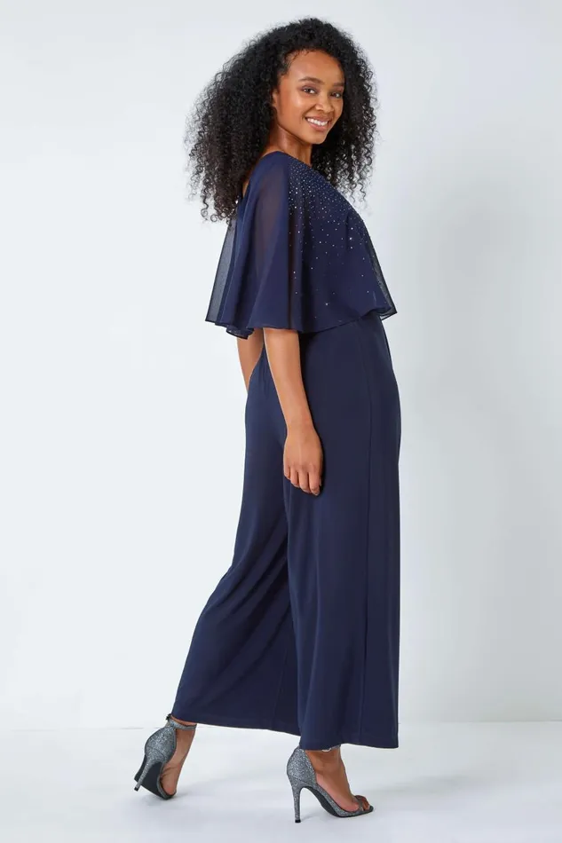 Women Navy Petite Embellished Overlay Stretch Jumpsuit Roman Jumpsuits and Playsuits