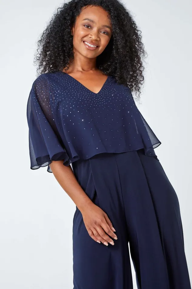 Women Navy Petite Embellished Overlay Stretch Jumpsuit Roman Jumpsuits and Playsuits