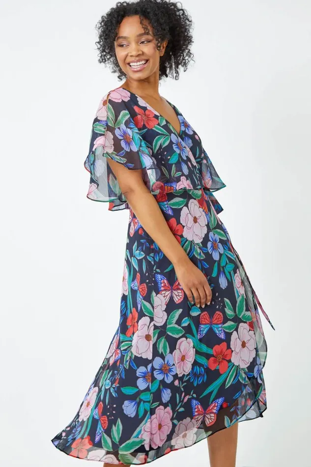 Women Navy Petite Floral Chiffon Cape Dress Roman Dresses