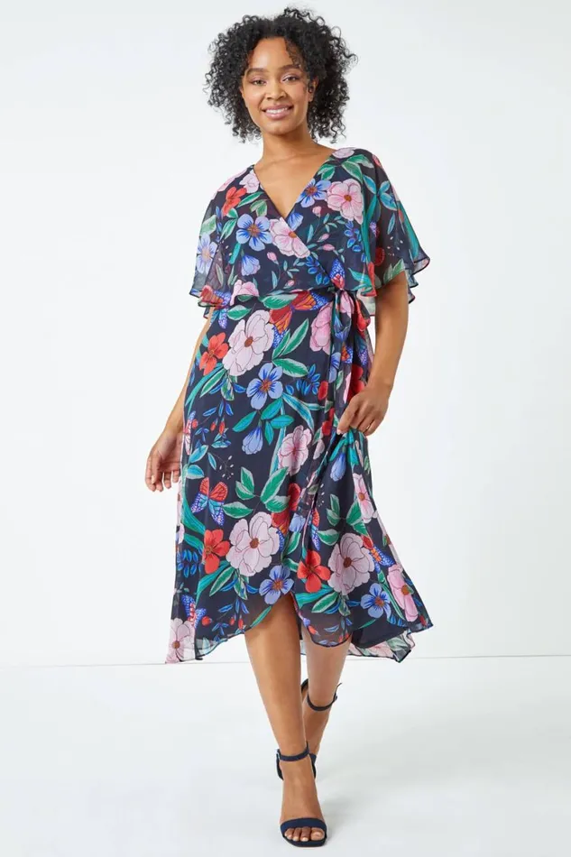 Women Navy Petite Floral Chiffon Cape Dress Roman Dresses